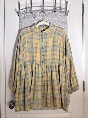 Button-Front Flannel Peasant Top- Yellow & Green Plaid